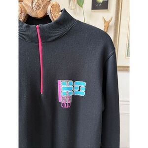 Vintage 80s 90s Ho Skis 1/4 Zip Tunic Sweatshirt Black Neon Pink Blue L